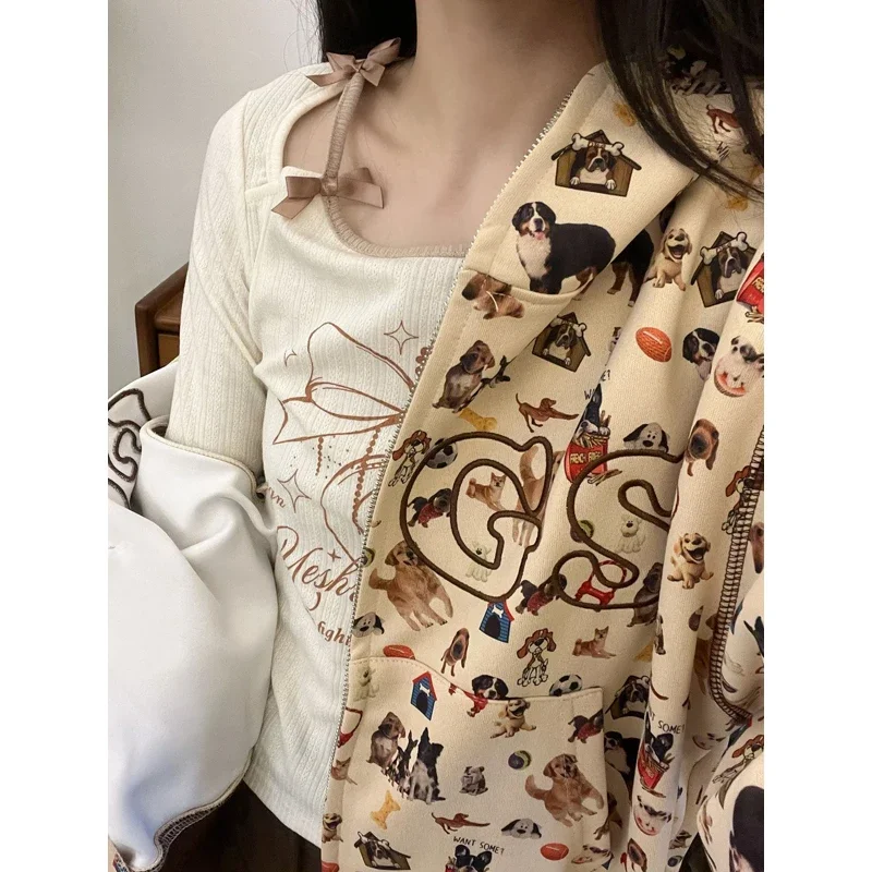 Harajuku Graphic Zip Up Hoodies Women Kawaii Cropped Cute Pattern Hooded Sweatshirts Vintage Y2k Japanese Style Hoodies