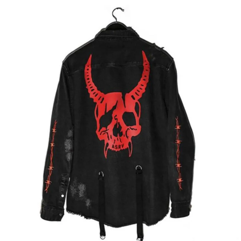 

Harajuku Gothic Demon Hunter Skull Black Denim Jacket Men Rock Punk Heavy Metal Sweatshirt Sudadera Suspenders Hole Streetwear