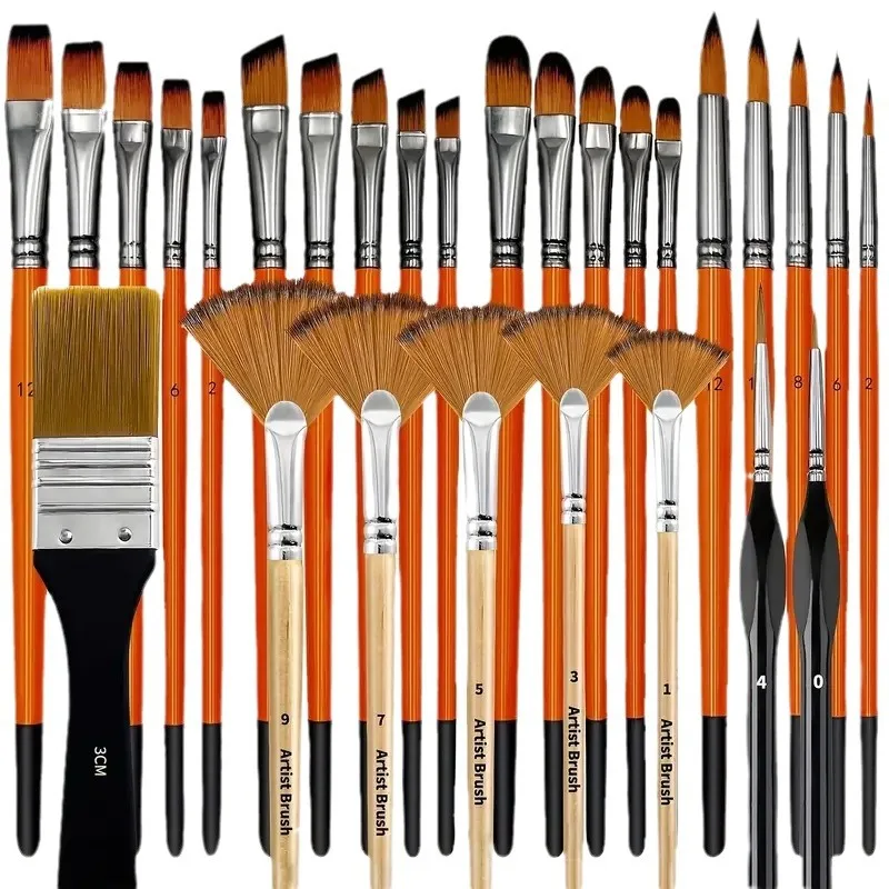 32Pcs Paint Brush Set for Acrylic Painting Premium Nylon Bristles with Round Filbert,Flat,Fan,Angle,Fine Detail Brush for Artist