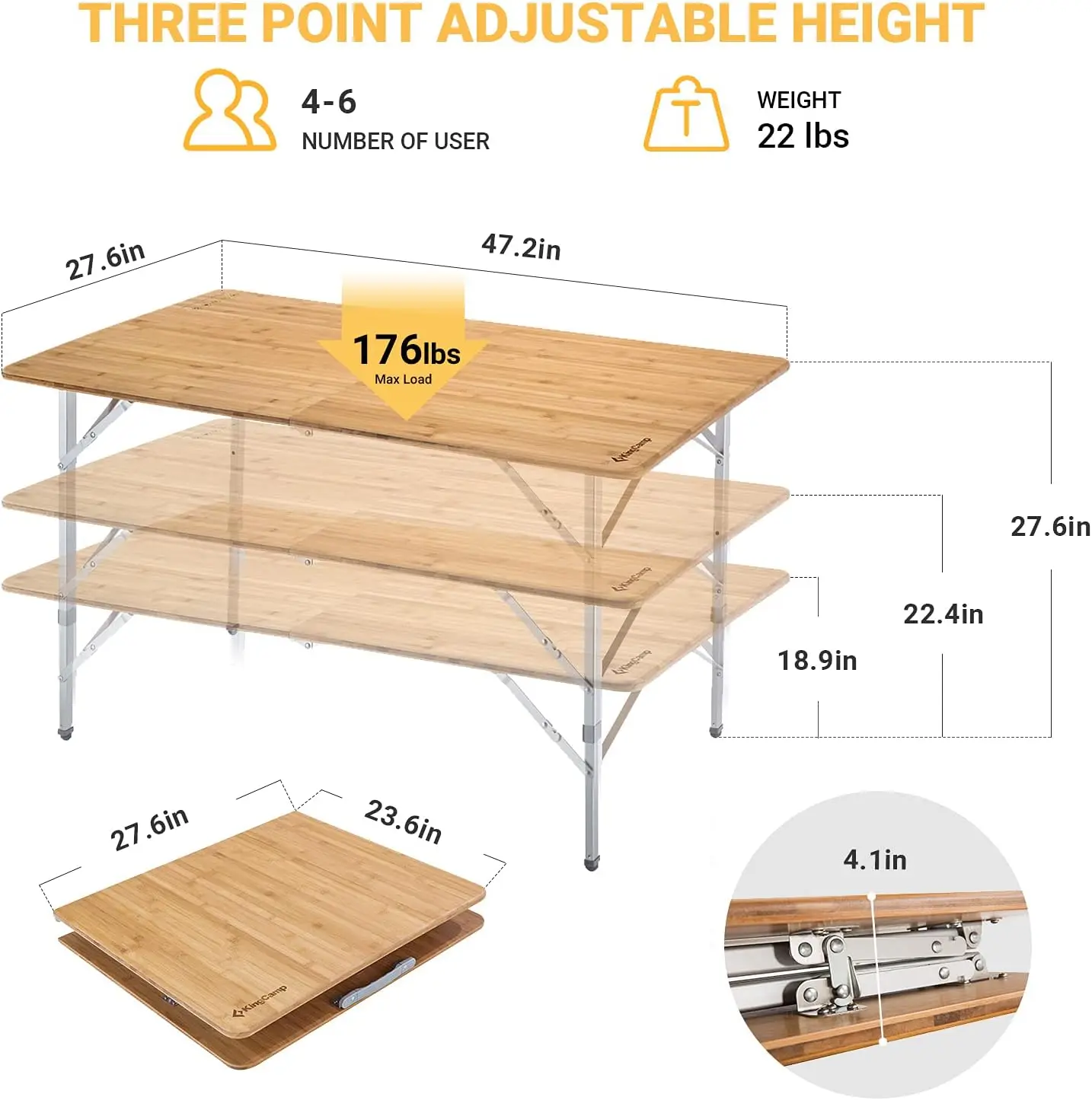 Mesa de acampamento dobrável de bambu com pernas de alumínio de altura ajustável, resistente, 176 libras, portátil para viagens, piquenique, praia, 6 pessoas