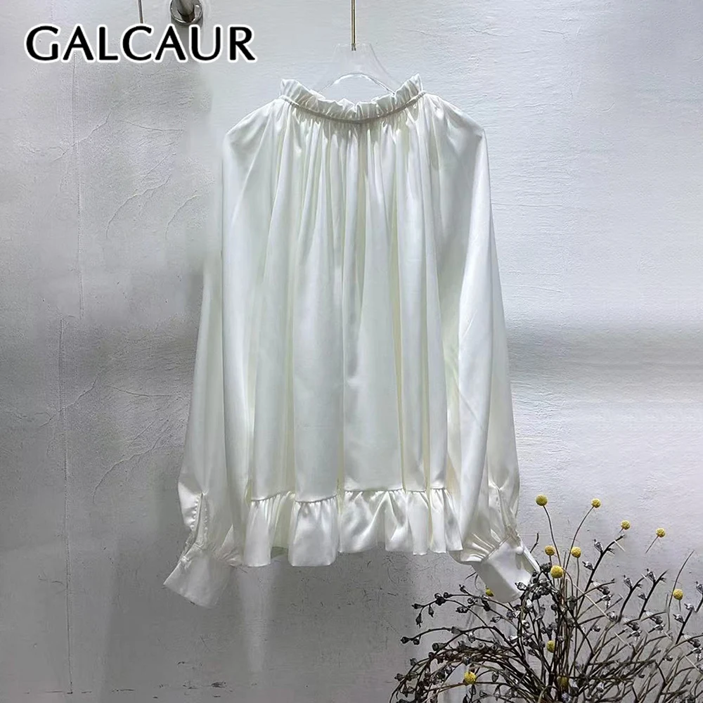 

GALCAUR Solid Spliced Fungus Chic Shirt Female O Neck Long Sleeve Loose Luxury Temerament Women's Shirts Autumn Fashion Style