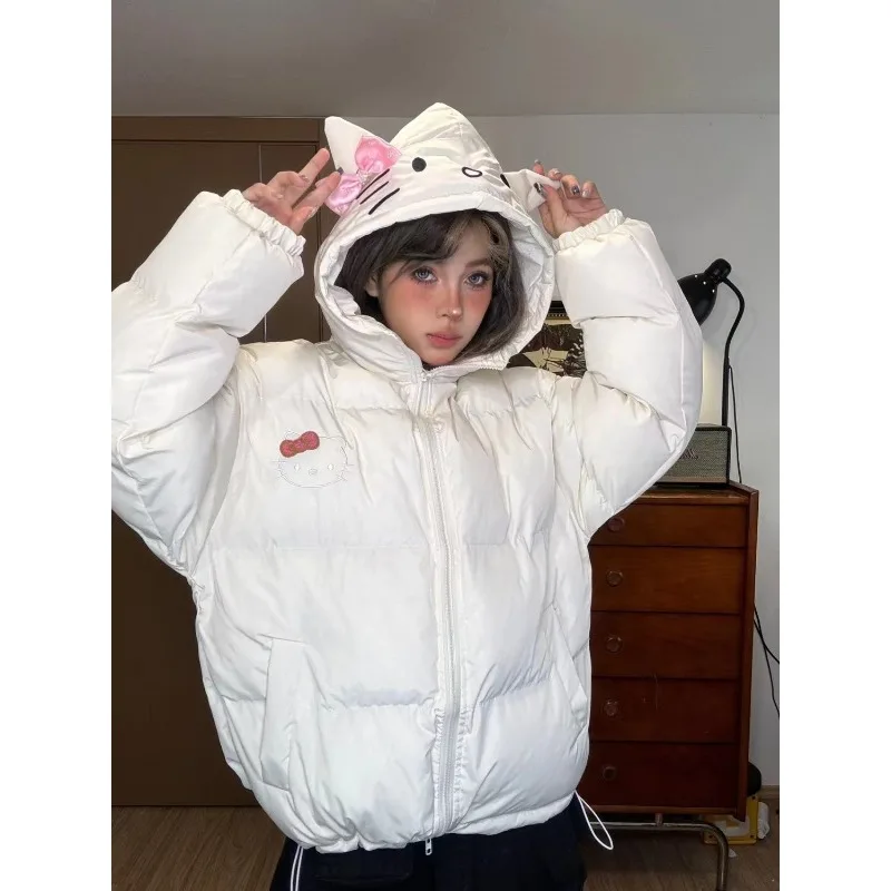 Sanrio Hello Kitty Women Down Jacket Anime Kawaii New Kt Cute Winter Thicken Cotton Clothes Coat Student Top Loose Sports Trend