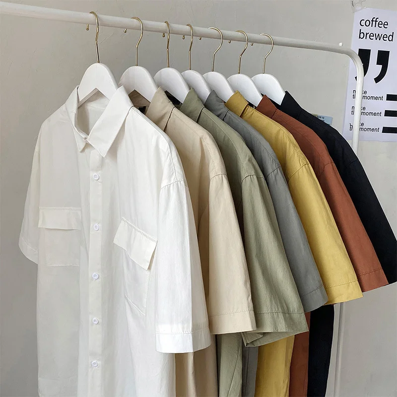 Summer Soild Men's Loose Short Sleeve Shirt Couple Turn-down Collar Pockets Shirts And Blouses Men Harajuku Button Up Tops