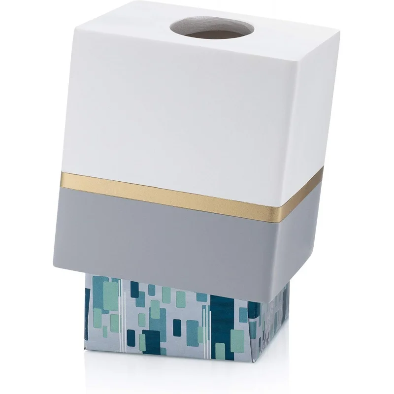 Day and Night Square Tissue Box, White and Grey with Gold Stripe