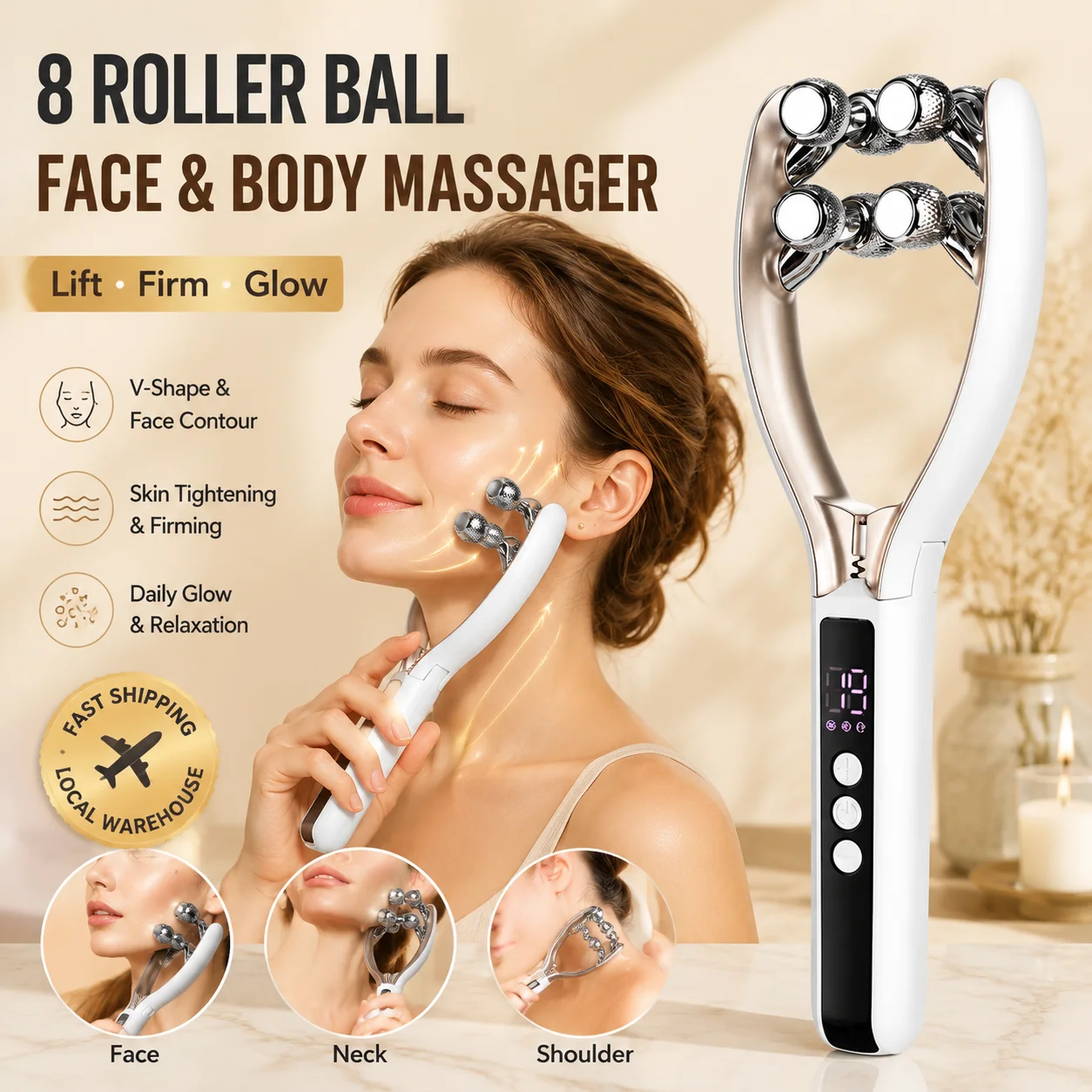 EMS Microcurrent Facial Roller 3 Modes 19 Intensities, 8-Roller Face Lifting Massager for Jawline, Rechargeable Skin Care Device