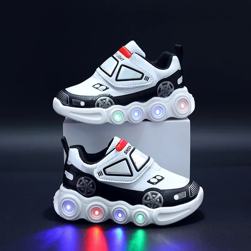 2024 Autumn New Boys LED Light Shoes Cartoon Car Children\'s Sports Shoes 1-6 Year Old Kids Luminescent Running Shoes