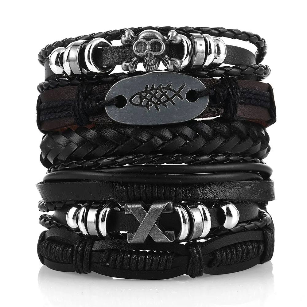 1 mode armband Viking armband voor mannen handarmbanden geweven schedel handsieraden verstelbare lederen set armband voor leer