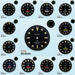 28.5mm S Logo Black Retro Dial Suitable For NH35/NH36/4R/7S Japanese Movement Green Luminous Fit 3/3.8 Watch Accessories