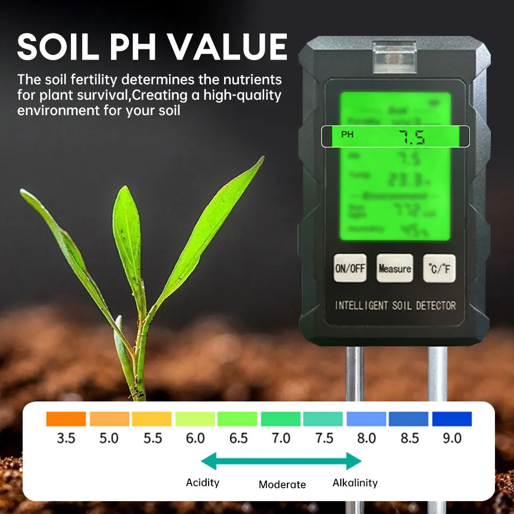 6-in-1-Multifunktions-Bodentester, Bodenfruchtbarkeit, pH-Temperatur, Luftfeuchtigkeit, Sonnenlicht, Luftfeuchtigkeitsdetektor, Gartenarbeit,