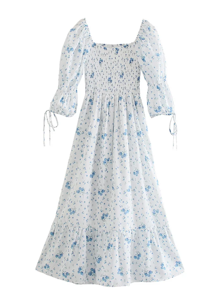 Vestidos de verano para mujer, cuello en forma de corazón, manga abullonada 3/4, vestido vintage con estampado floral, detalle fruncido, dobladillo con volantes, vestido midi elegante