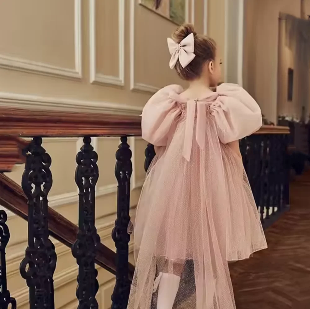 Customized Dusty Pink Flower Girl Dress Short Sleeves Tulle Shawl Wedding Dress  for Formal Events First Communion