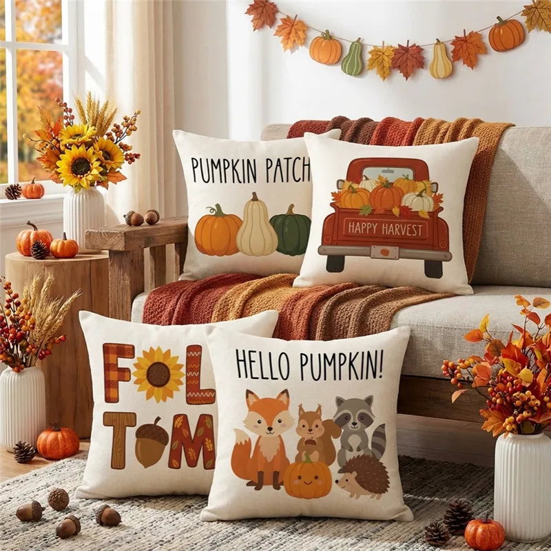 Vintage Truck Fall Harvest Decorative Throw Pillow Cover 2 Pieces Sets Pumpkin Maple Print Square Sofa Cushion Cover