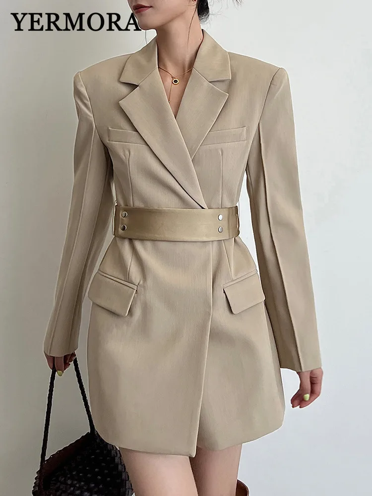 

YERMORA Khaki Belted Pocket Elegant Blazer For Women Lapel Long Sleeve Loose New Jacket Fashion Tide Spring Autumn 2025