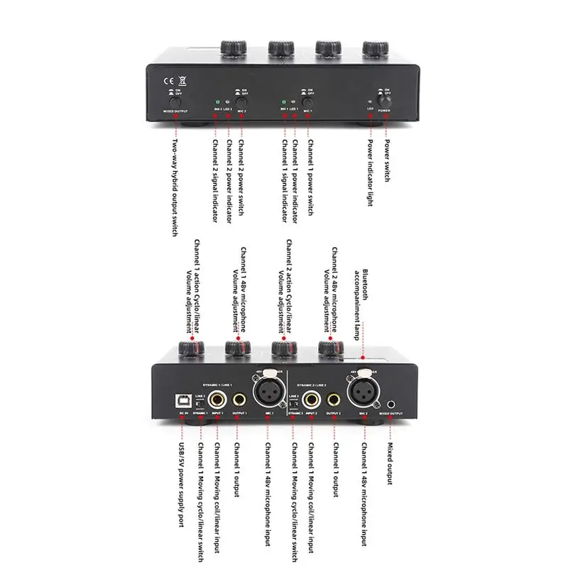 DT51 48V Phantom Power Mic Amplifier, Dynamic Condenser Microphone Preamp, for Live Sound Card, Black