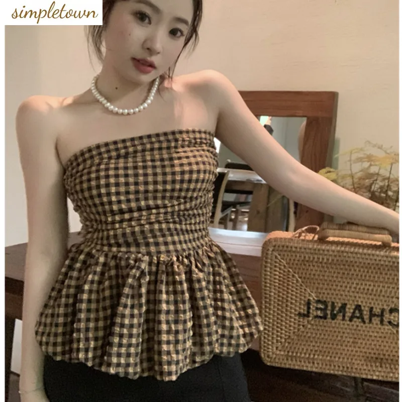 

Summer New Retro Black and White Plaid Bra Small Tank Top Without Shoulder Straps Inner Wrap Chest Short Top