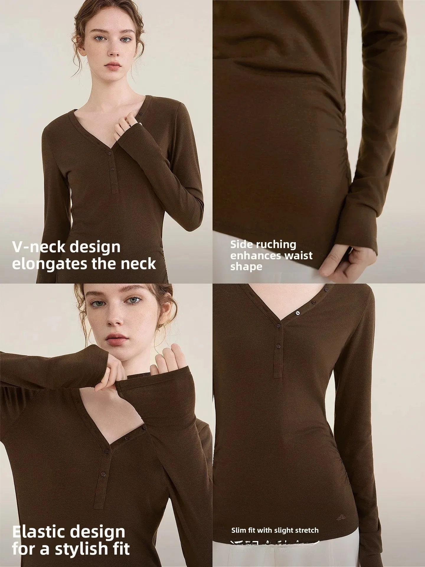 ELLEV Women's Slim Fit Long Sleeve T-Shirt Merino Wool Gathered Elastic V-neck Casual Style Autumn New Arrival