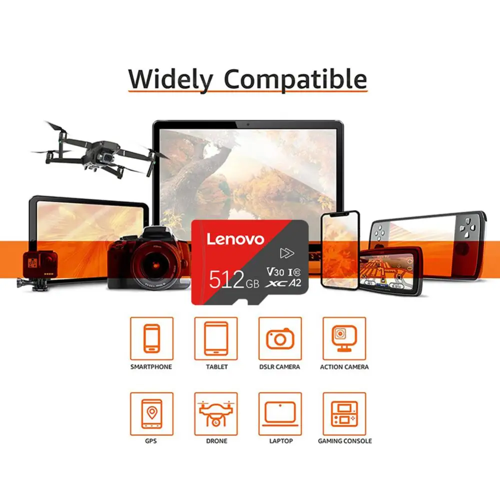 Cartão de Memória SD de Alta Velocidade Lenovo, Cartão TF Classe 10, Cartão SD A2 de Vídeo Ultra HD 4K, 128GB, 512GB, 1TB, 2TB, Compatível com