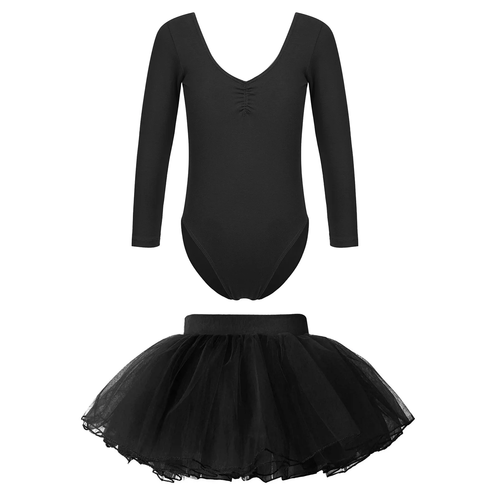 

Child Girls Lyric Gymnastics Dance Costumes Set Long Sleeve V Neckline Ruched Solid Color Ballet Bodysuit with Tutu Mesh Skirt