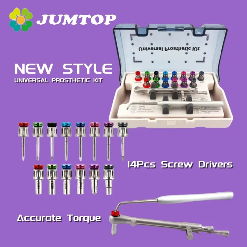 JUMTOP Dental Implant Restoration Tools Universal Prosthetic Kit Torque Wrench Abutment Fixture Kits with 14Pcs Screwdriver