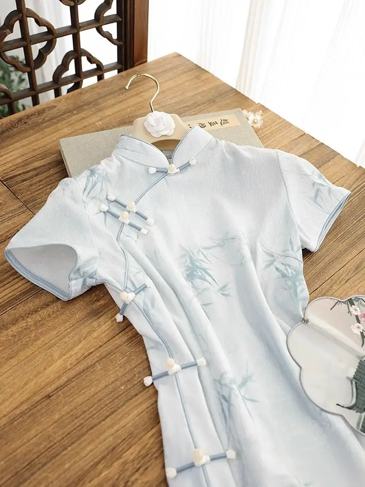 

Лето 2023, новое синее улучшенное новое платье Cheongsam с короткими рукавами в китайском стиле, повседневная одежда, молодежное платье Qiapao