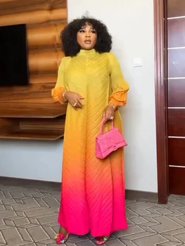 ANLAN Plissee-Maxi-langes Miyake-Kleid mit Farbverlauf, Laternenärmel, halber Rollkragen, formelle Kleider für Damen, 2024, Neu 9YK7603