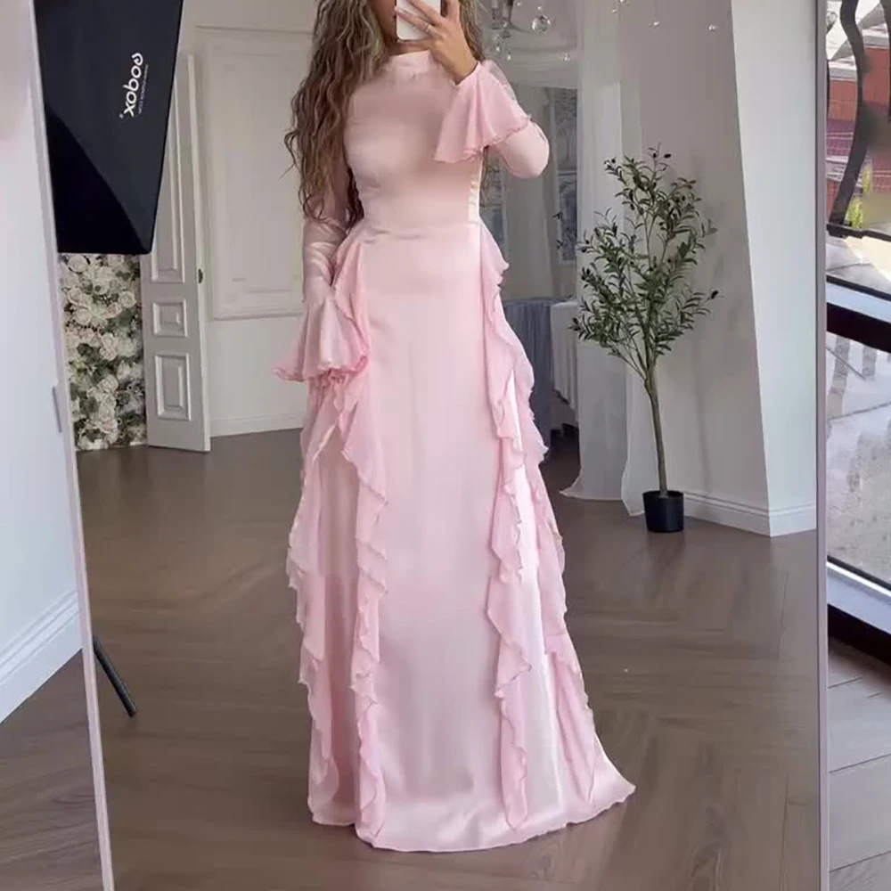 

Sweet Style Ruffle Round Neck Women's Dress Long Flared Sleeves Slim Fit A-Line Maxi Casual Evening Party Wedding Guest Dresses