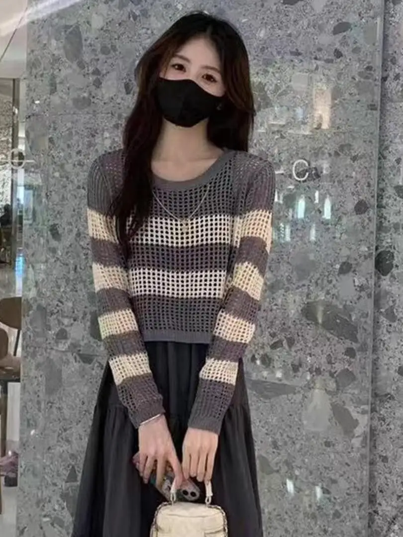 

Ladies' Slimming Striped Hollow Knitwear Casual Sle Early Autumn Faion Small Size Unique Sle Comfortable Loose Fit Sweater