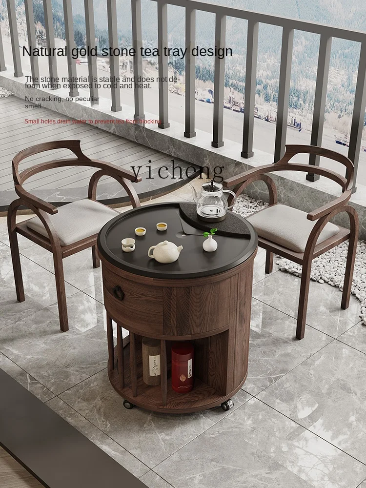 ZC Solid Wood Balcony Tea Table and Chair Kettle Integrated Multifunctional Tea Table Movable Tea Table with Wheels Tea Cart