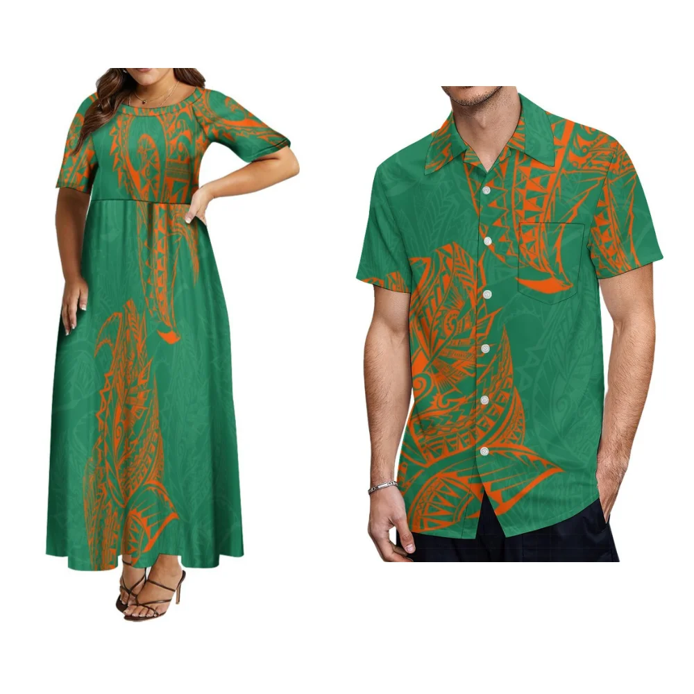 2023 Polynesische Vintage Paar Set Dames Jurk Heren Shirt Zomer Cool Korte Mouw Grote Rok Jurk Custom Patroon