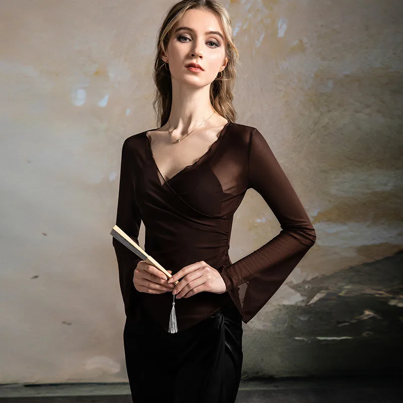 

High Quality 2025 Women's Fashion T-shirt Summer Autumn Thin Mesh Blouse Dance Yoga Cover-Up Y2K