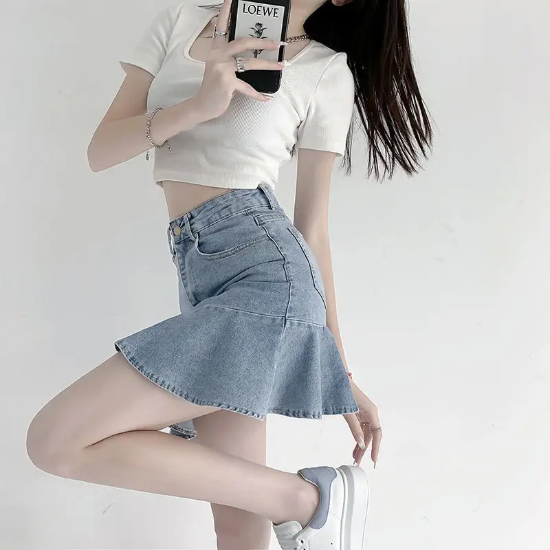 Skirts Women Denim Retro Washed Ladies Summer Empire Street Style Trumpet Design Harajuku Daily Mini Schoolgirl Solid Ins Faldas