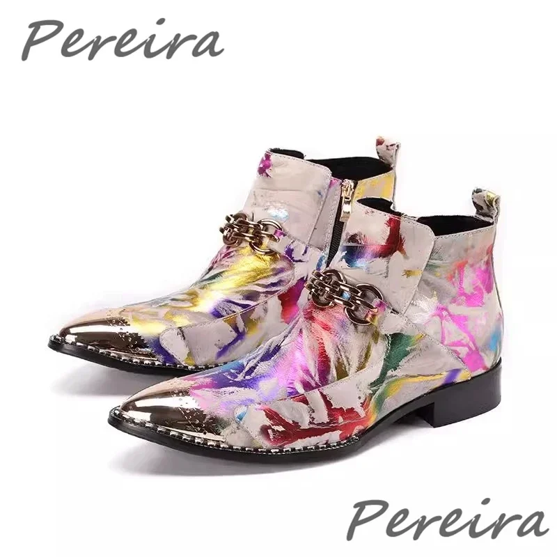 

Multicolor Graffiti Ankle Boots for Men Trendy Metal Decor High Heels Genuine Leather Boots High Quality Business Dress Shoes