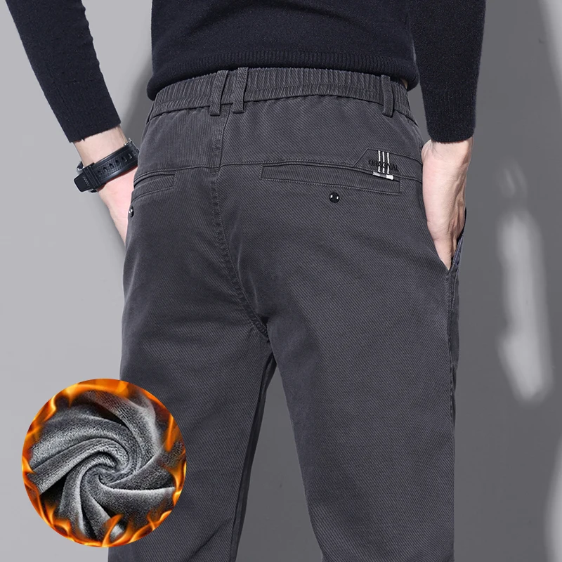 Brand Fleece Pants Forr Men Winter New Warm Cotton Elastic Waist Korean Fashion Twill Straight Plush Trousers Male