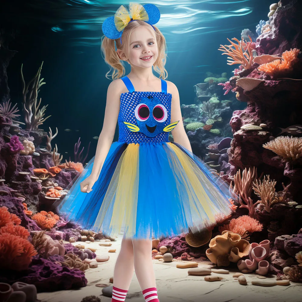 Latest Girls Cartoon Fish Costume Tutu Dress Kids Tulle Party Dresses Sea Cosplay Costume Fancy Dress Outfit for Baby Birthday