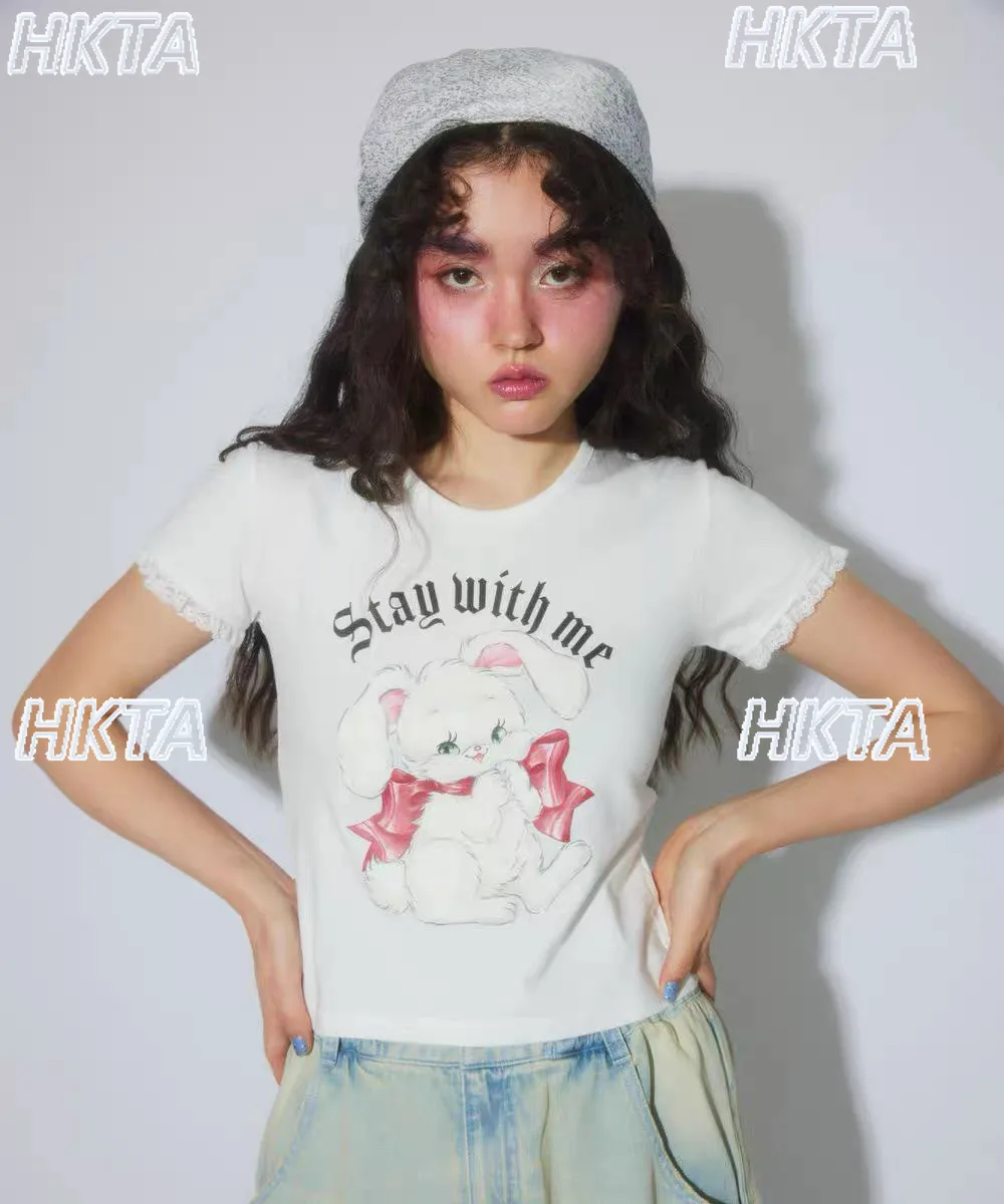 Original Japanese Style Cute Candy Rabbit Fungus Lace Sweet Short-sleeve Tshirt 2026 Summer T-shirts Women Tops Y2k Accessories