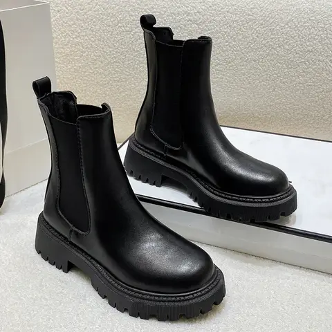 발목 부츠 가을 겨울 클래식 첼시 부츠 여성 블랙 신발 가죽 플랫폼 짧은 부츠 탄성 밴드 고스 신발에 미끄러 져