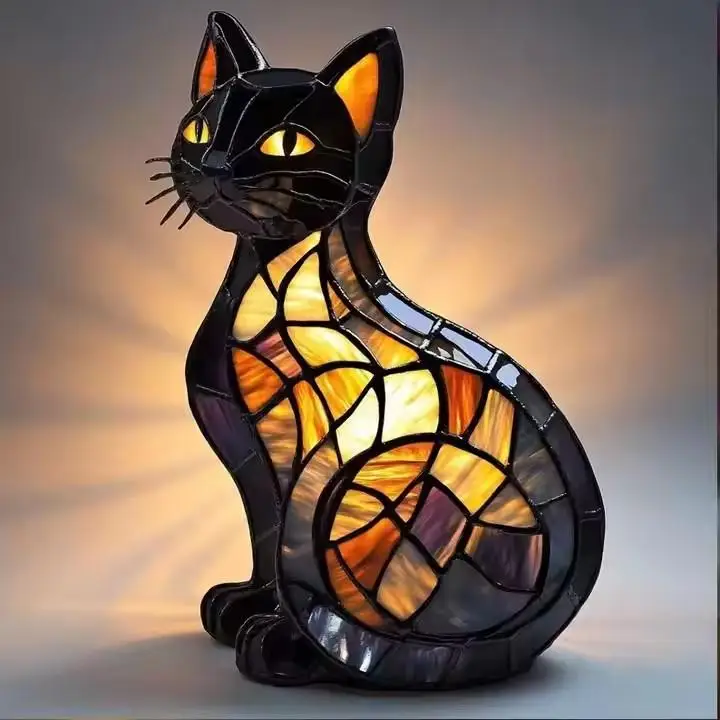 Lámpara de gato bonita, vitral retro led de resina teñida, luz nocturna de mesa, luces de ambiente para dormitorio, regalo para amantes de los perros y gatos