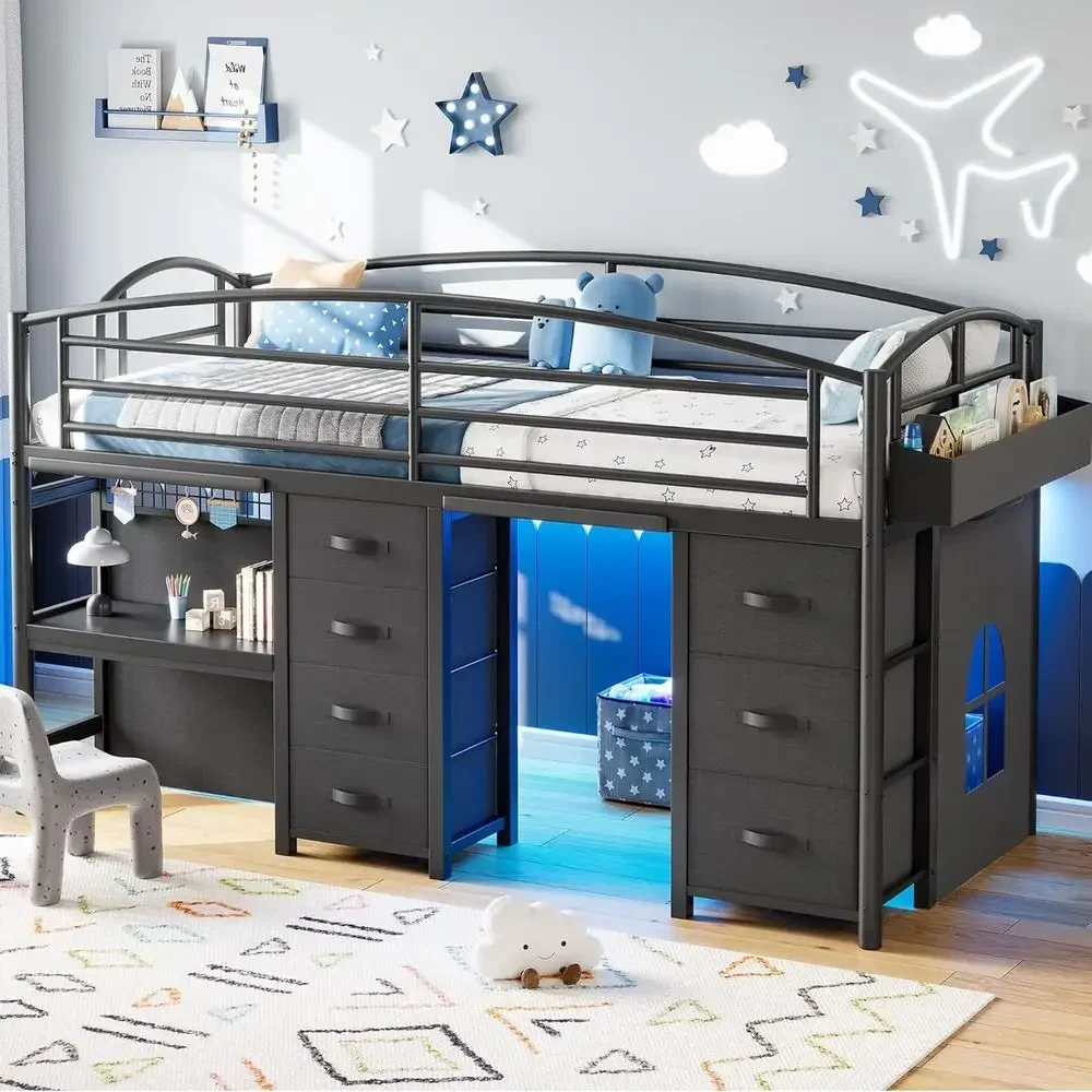 Twin Size Low Loft Bed with 7 Drawers, Desk, LED Lights, Safety Rail, Anti-Collision Pad, Play Curtain, and Under-Bed Play Area