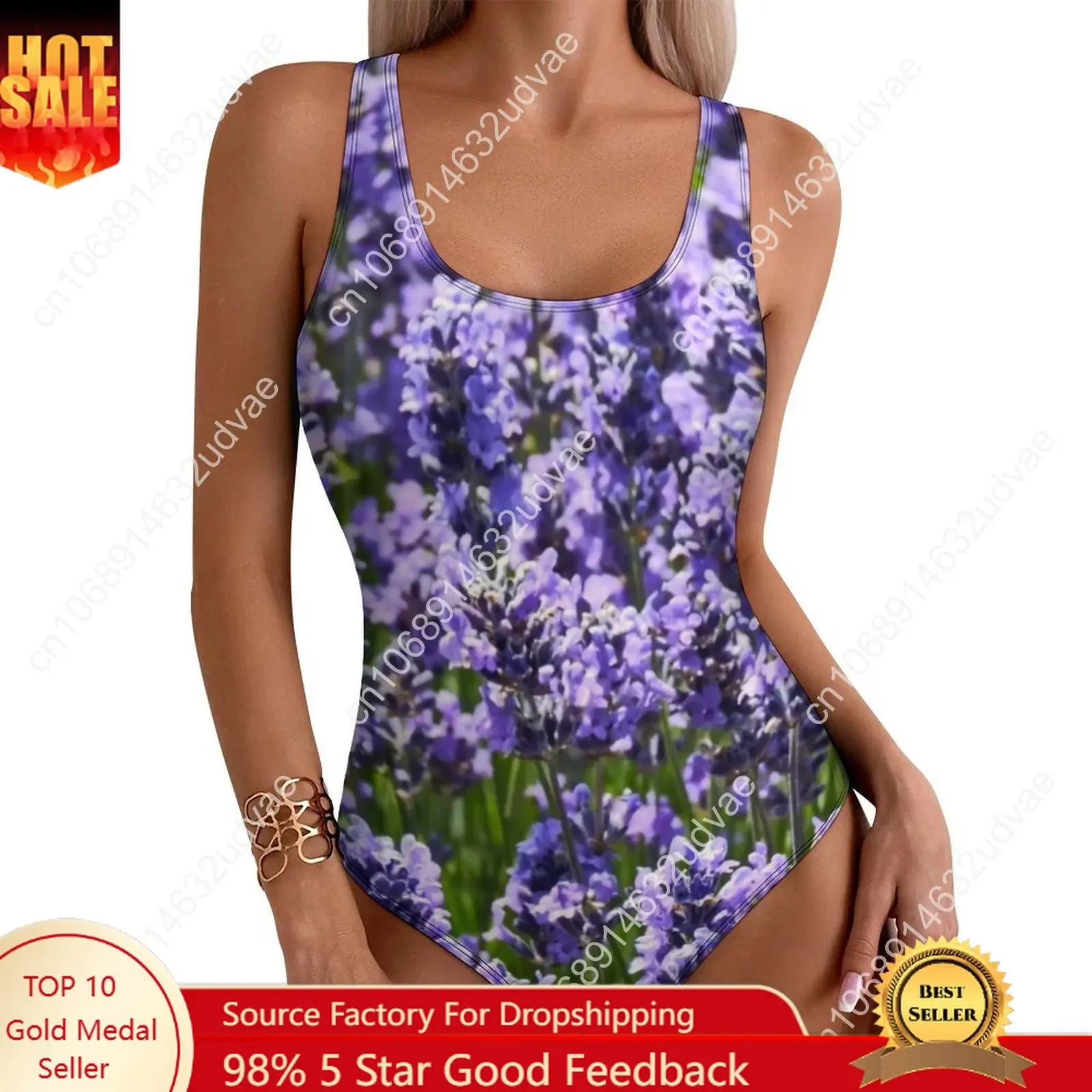 

Lovely Lavender Swimsuit Sexy England Nature Purple Flowers One Piece Swimwear Push Up Bodysuit Trend Holiday Swim Monokini