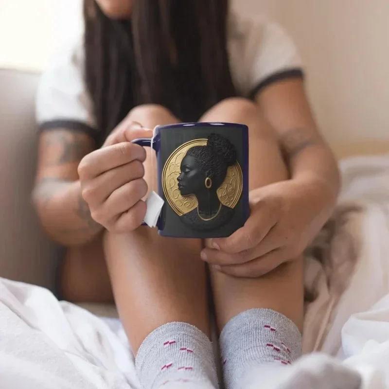3D Relief Black Woman Silhouette Cup Women's Art Coffee Mug Unique Decorative Teacup Gift for Women Home Kitchen Decor