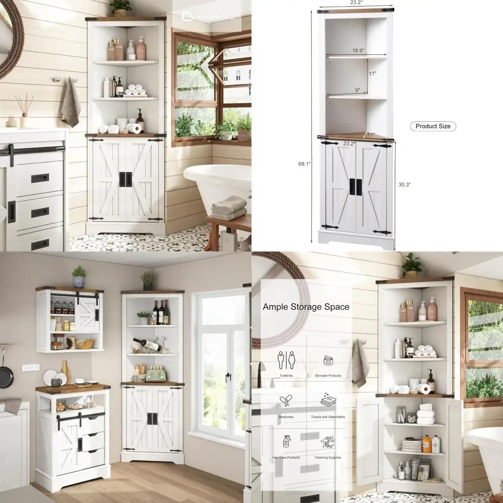 خزانة زاوية بطول 68 بوصة بنمط باب الحظيرة وأرفف قابلة للتعديل لغرف مختلفة