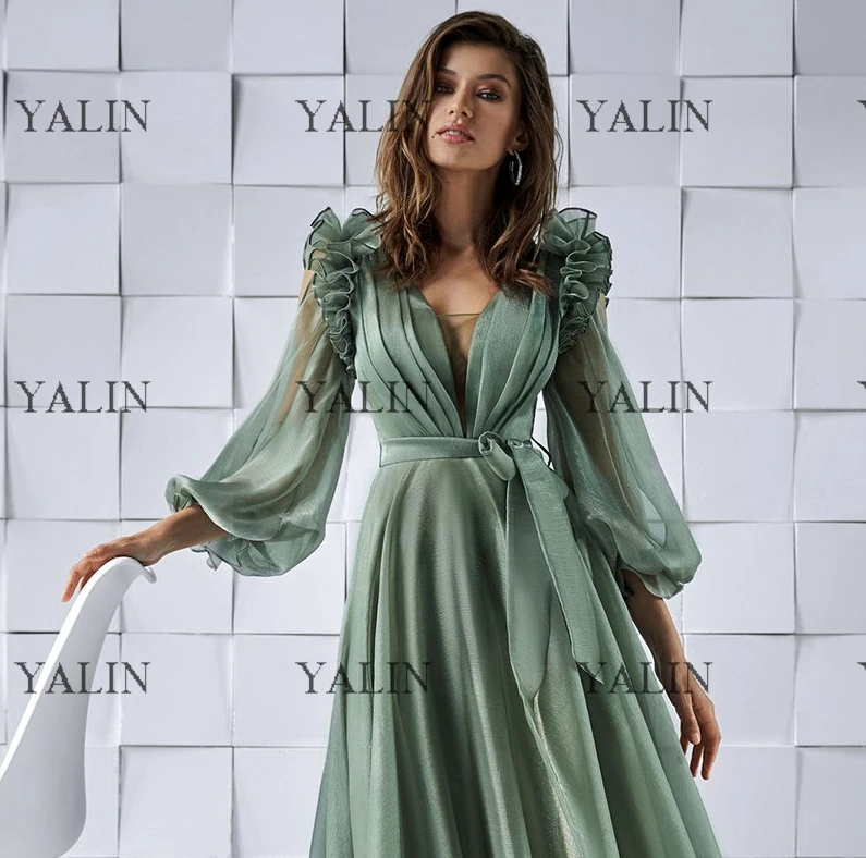 YALIN-Robe de Bal Plissée à Manches Bouffantes, Tenue de Soirée Simple, Longueur au Sol, Col en V, Ligne A, pour Remise de Diplôme, Quelle que soit la Longue Tenue de Princesse Oraghike