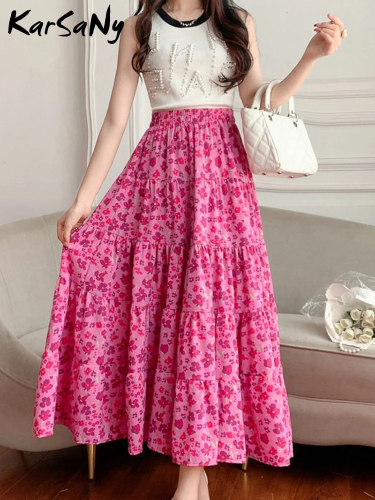 

Summer Long Skirts For Women A-line Floral Printed Full Length Skirt Elastic Waist Patterned Umbrella Skirts Ladies Sweet Style