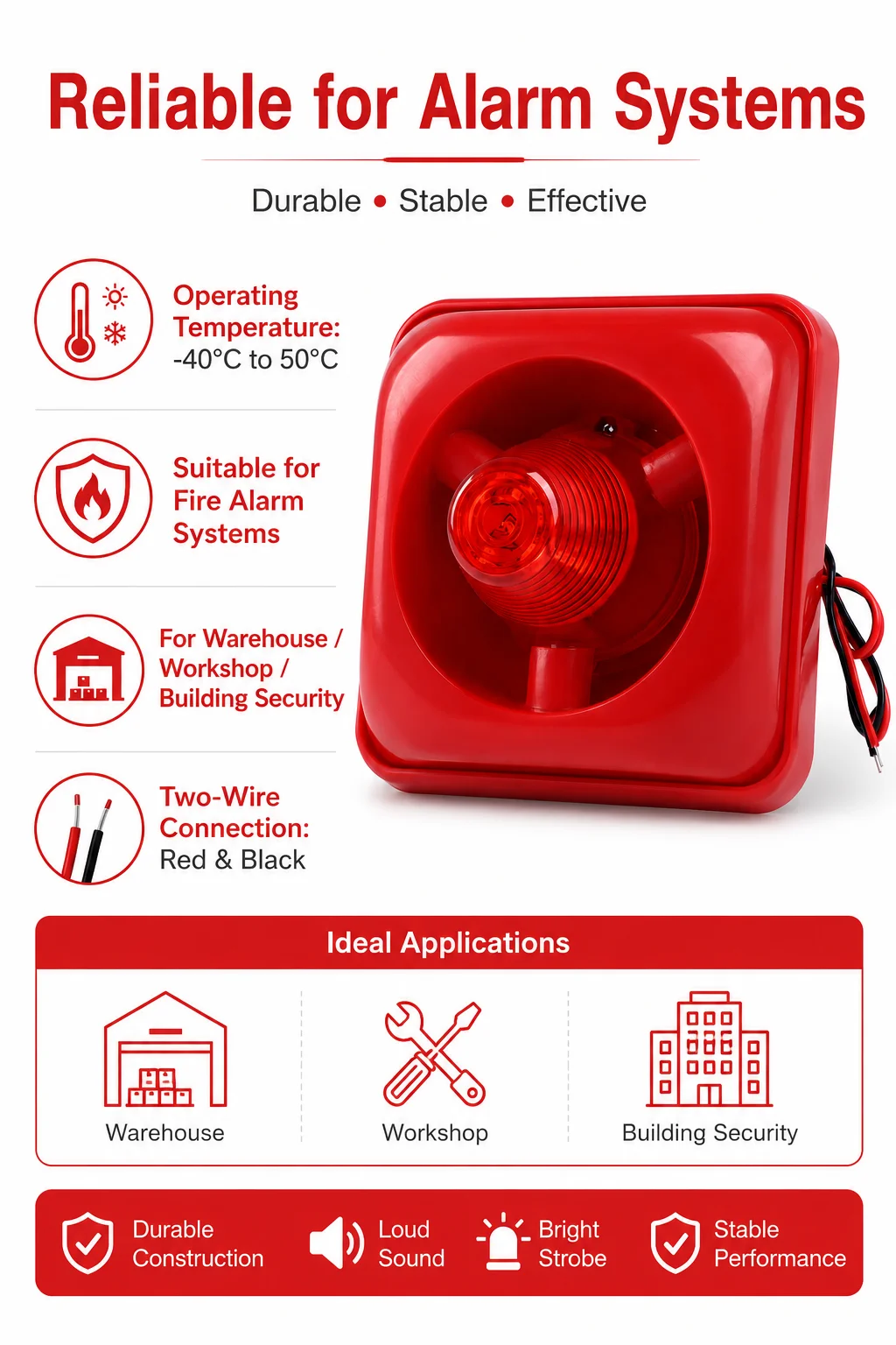 DC 12V 24V Warning Siren, 115dB sound & LED strobe, 107 model buzzer for fire alarm and safety protection view 6