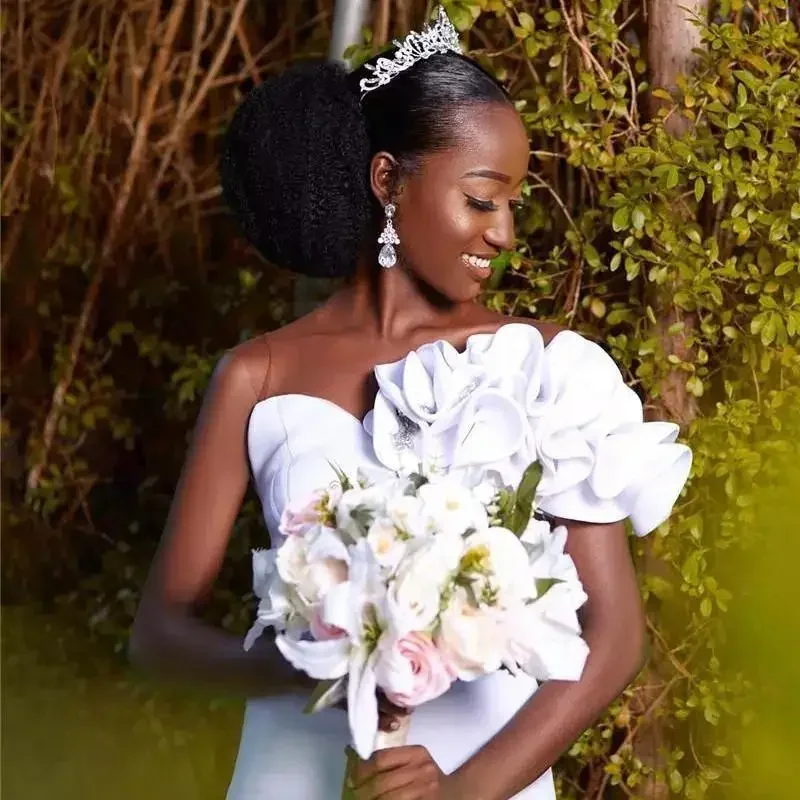 Customized Mermaid Dresses One Shoulder Ruffles Tiered Sweep Train Custom Made African Wedding Bridal Gown