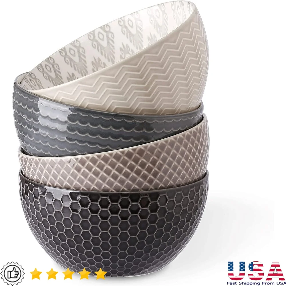 

Set of 4 Assorted 6 Inch 28oz Stoneware Bowls Durable Microwave Dishwasher Safe Perfect Soup Snacks Decorative Use