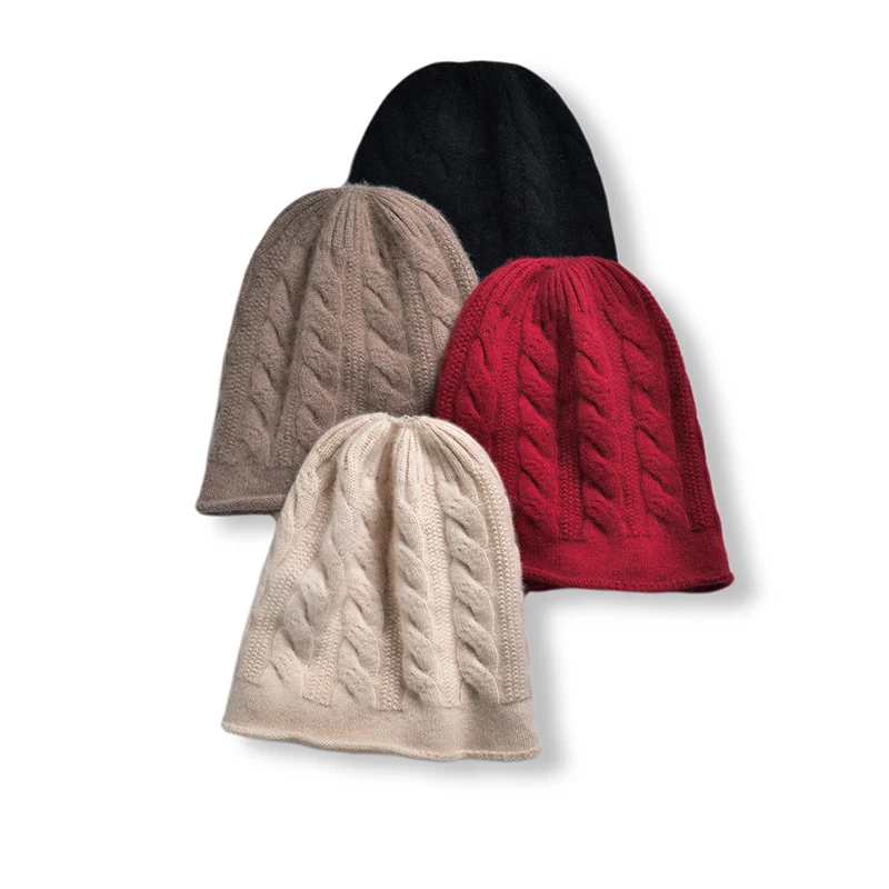100% الكشمير الخالص سبعة إبرة سميكة محبوك قبعة المرأة الشتاء الملتوية على البخار لفات حافة قبعة حماية الأذن الدافئة والباردة