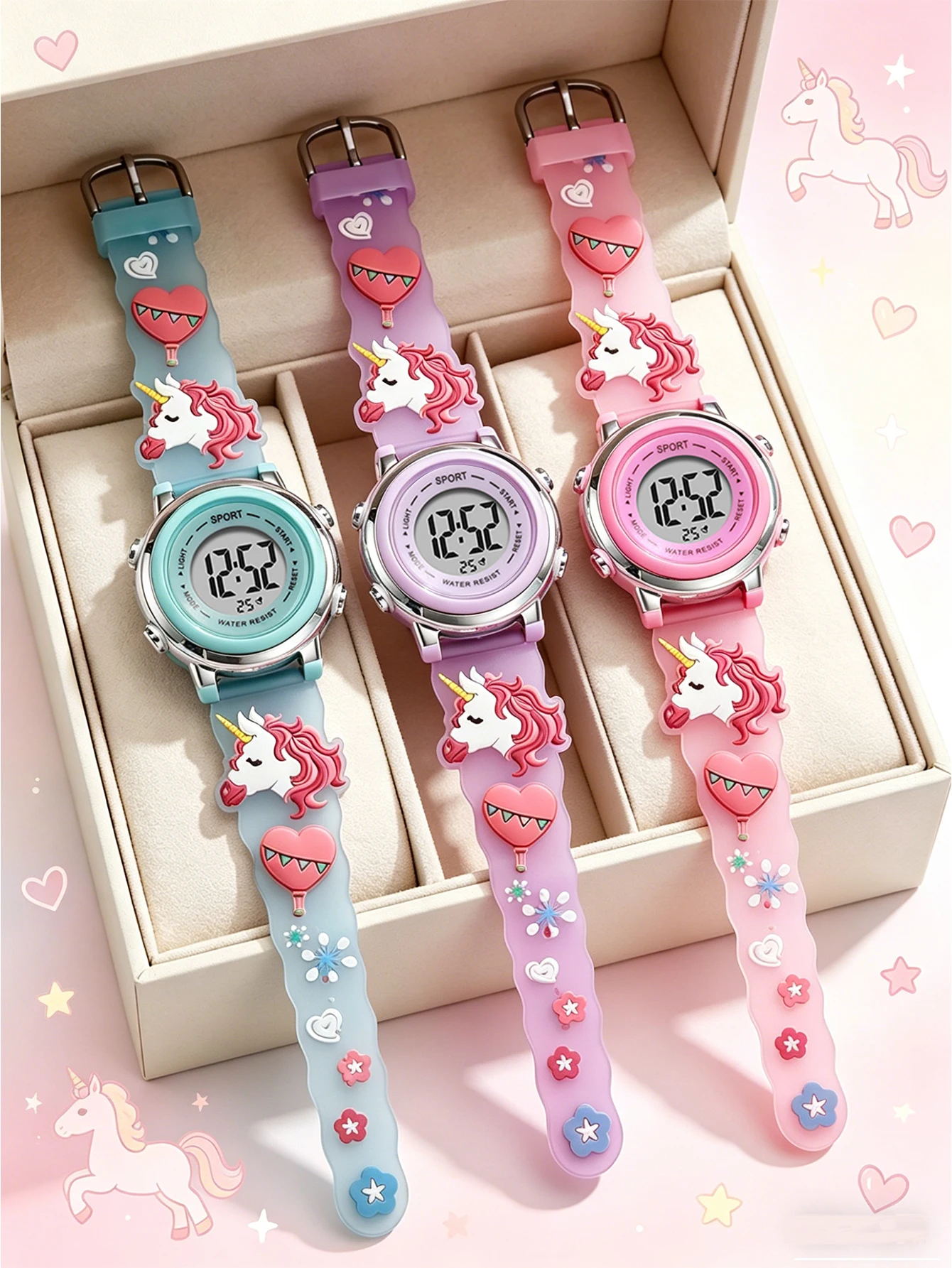 3Pcs/Set Unicorn Kids Digital Watch Cartoon LED Sports Watch Waterproof Silicone Strap Wristwatch for Girls Children Birthday Gi
