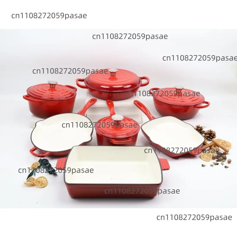 Cast Iron Enamel Cookware Set 7-Piece Pot Combo Stew Pot Soup Pan Seafood Frying Skillet Milk Saucepan Hotel Kitchenware
