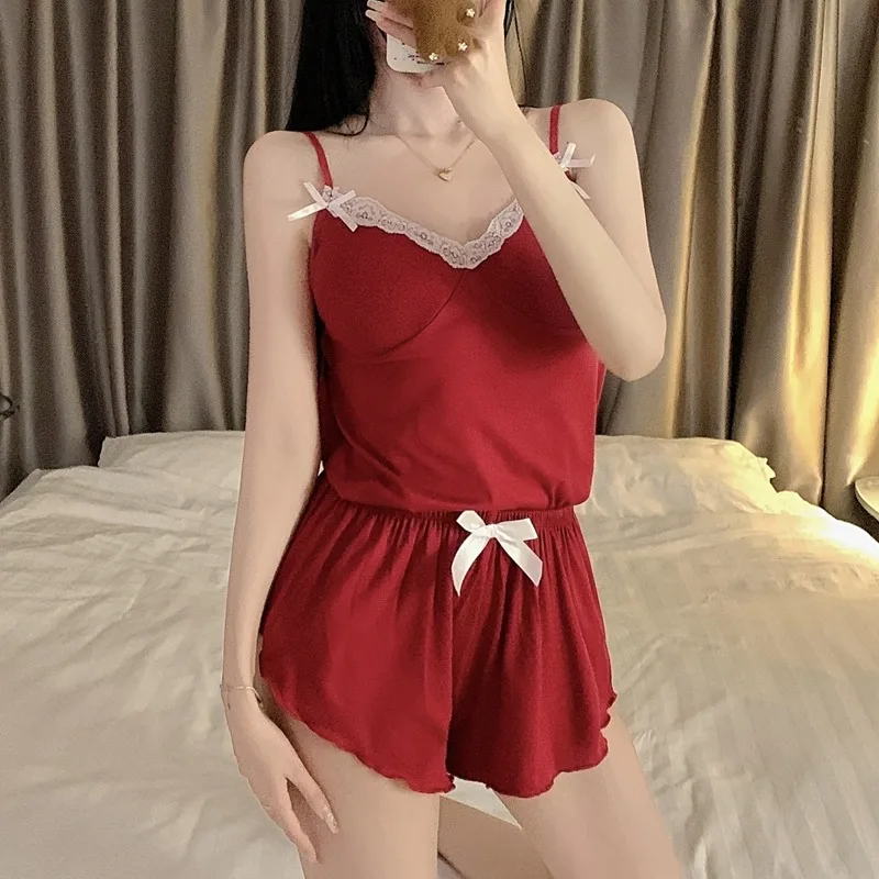 Korean imitation cotton with chest pad suspender pajamas women's summer new sweet bow lace lace loungewear